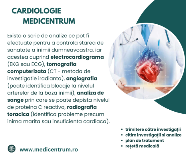 electrocardiograma (EKG sau ECG), tomografia computerizata (CT - metoda de investigatie iradianta), angiografia (poate identifica blocaje la nivelul arterelor de la baza inimii), analiza de sange
