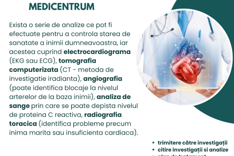 electrocardiograma (EKG sau ECG), tomografia computerizata (CT - metoda de investigatie iradianta), angiografia (poate identifica blocaje la nivelul arterelor de la baza inimii), analiza de sange