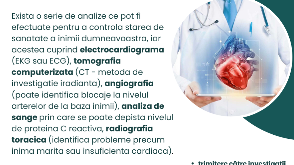 Ai primit diagnosticul electrocardiograma (EKG sau ECG), tomografia computerizata (CT - metoda de investigatie iradianta), angiografia (poate identifica blocaje la nivelul arterelor de la baza inimii), analiza de sange